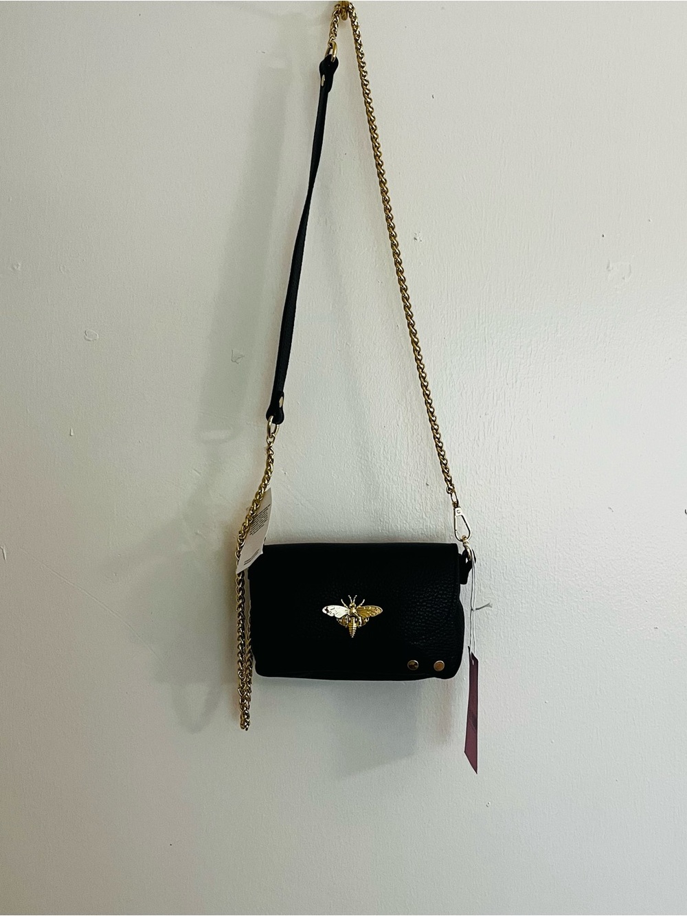 Black Crossbody Bag with Gold Bee Accent and Chain Strap